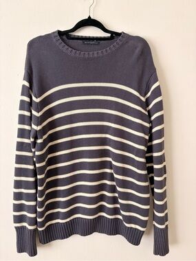 Brandy Melville Navy and Cream Striped Crewneck Sweater